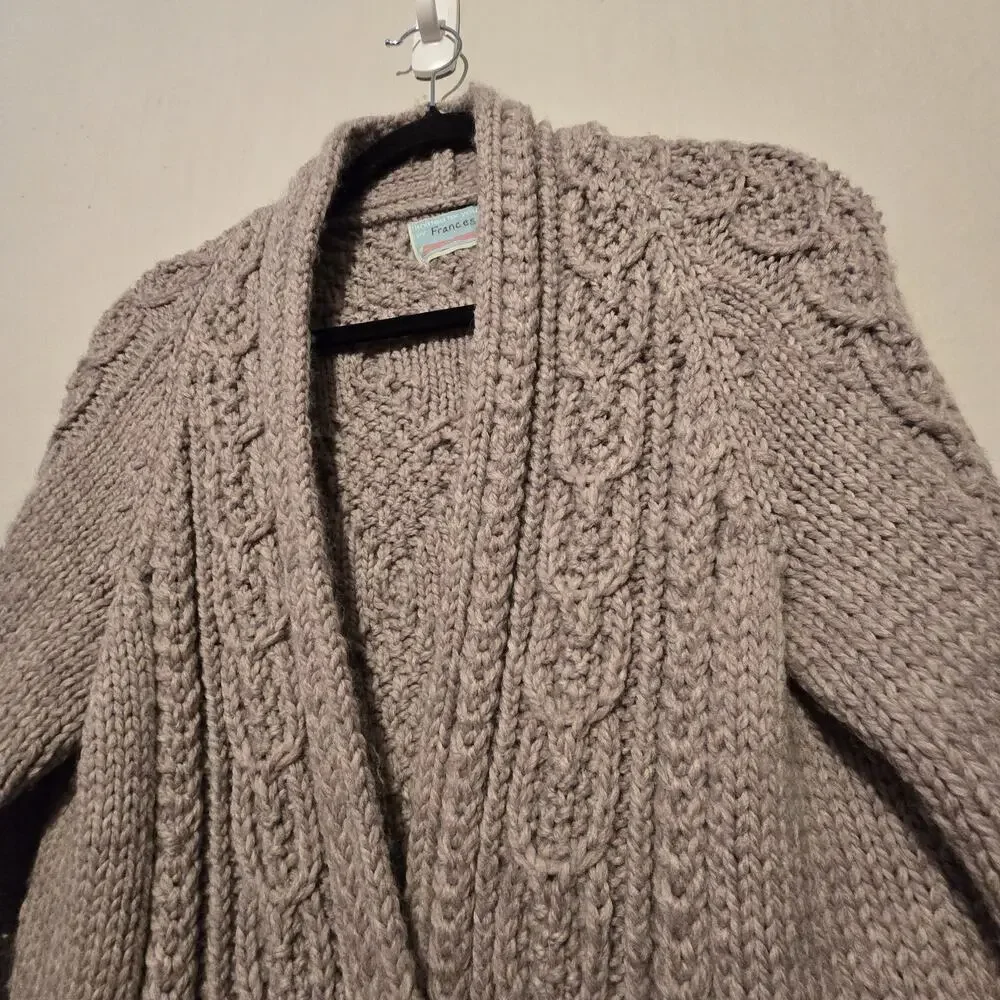 Handmade Cable Knit Cardigan‎ Sweater Womens L XL Taupe Bespoke Preppy Fisherman